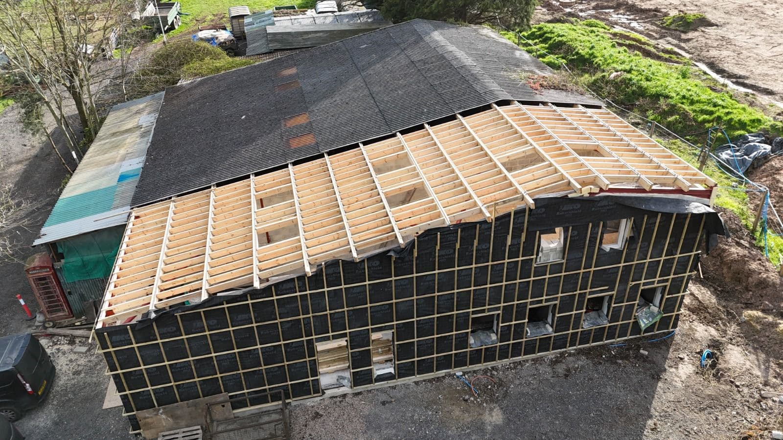 Barn conversion roofing project from above