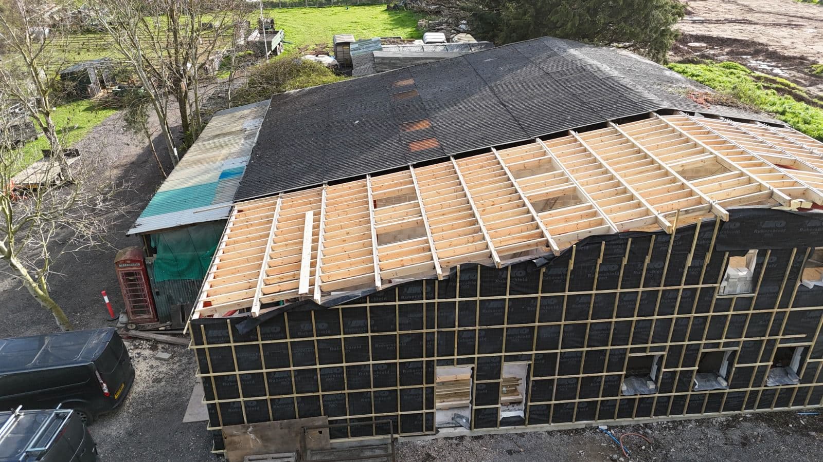 Aerial view of barn roof batten installation