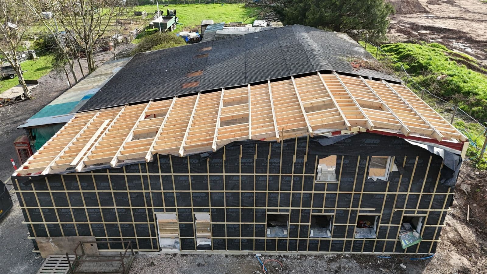 Barn conversion roof structure from drone