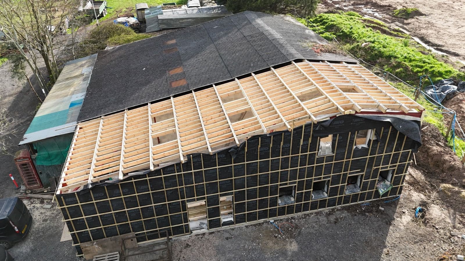 Aerial view of completed barn conversion roof battens