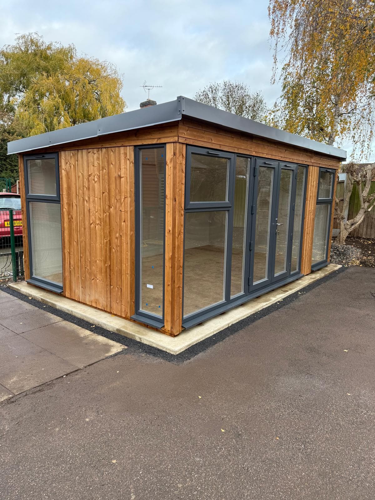 Corner view of timber clad garden room