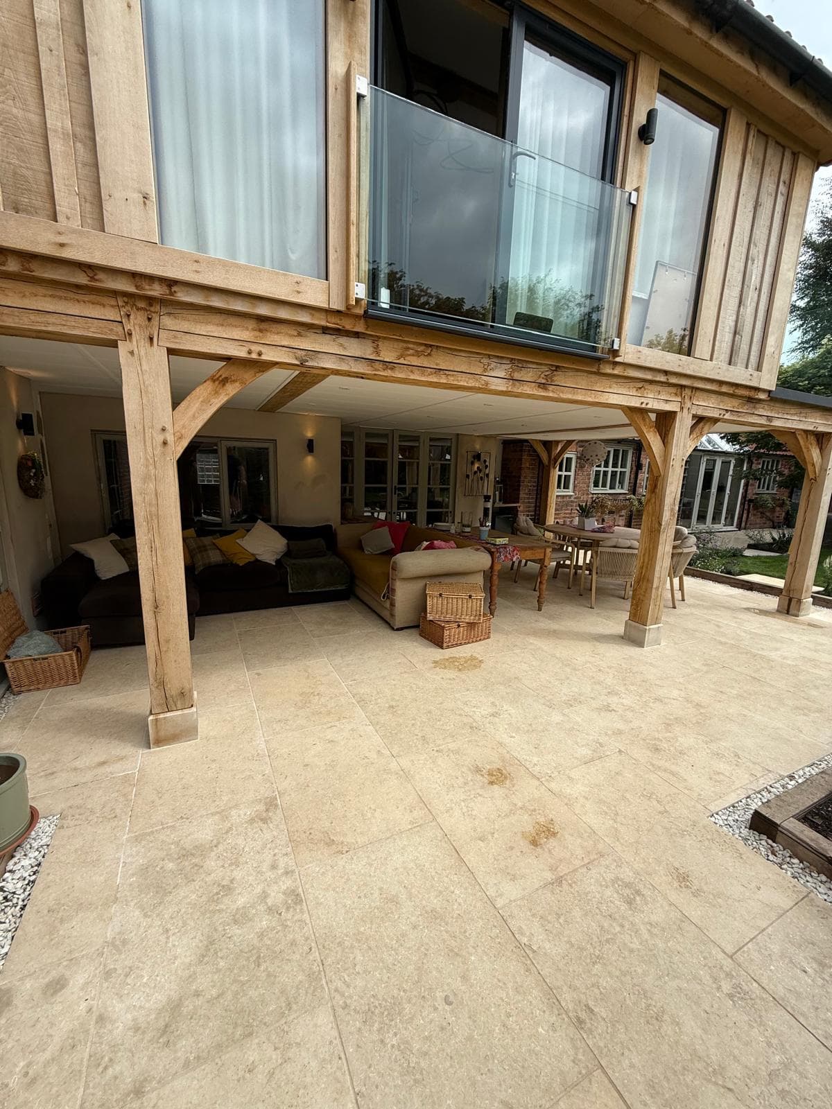Covered patio area of oak frame extension