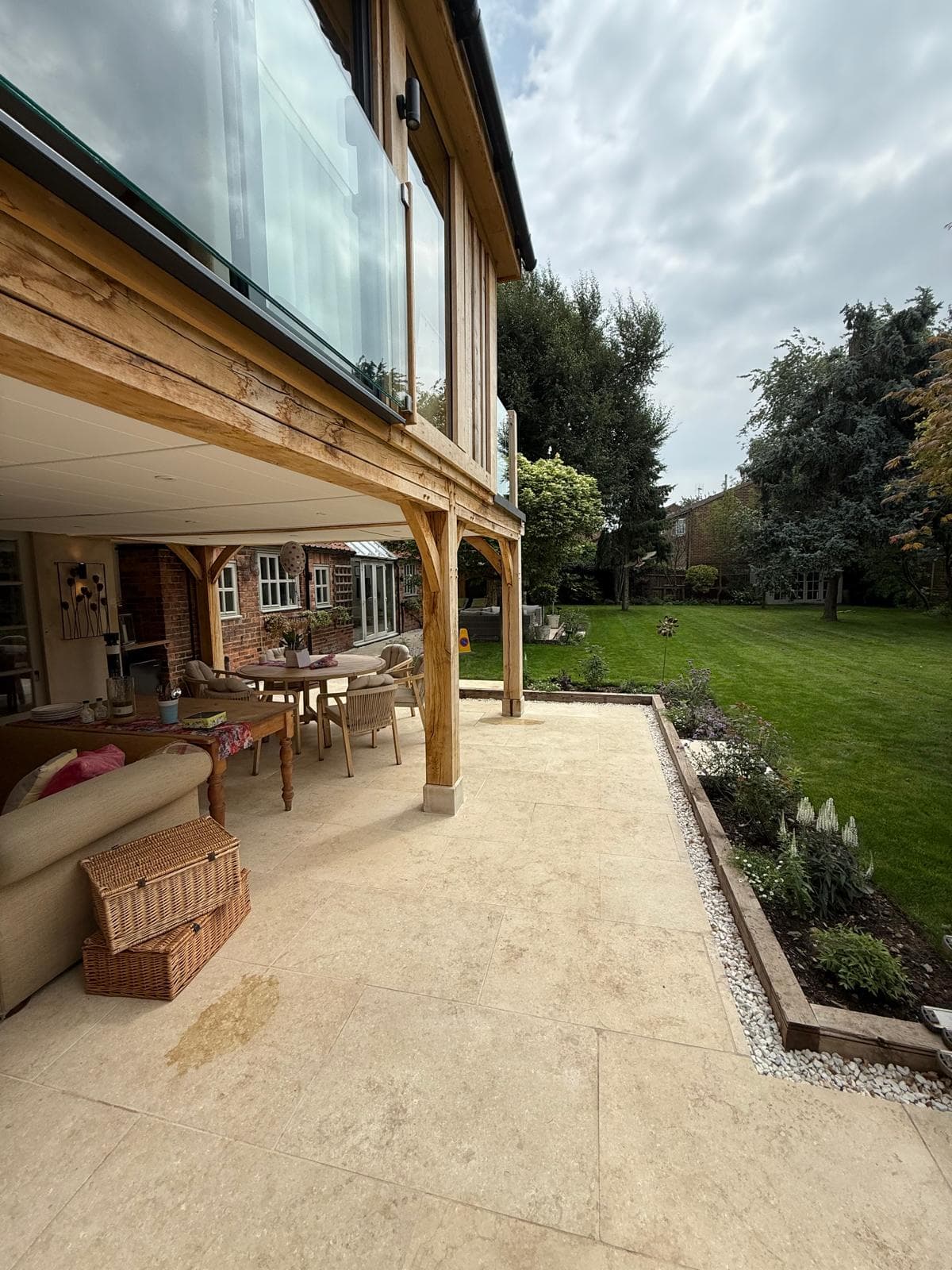 Oak frame extension viewed from the garden