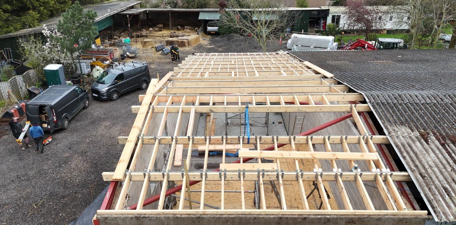 Timber frame flat roof project, drone view