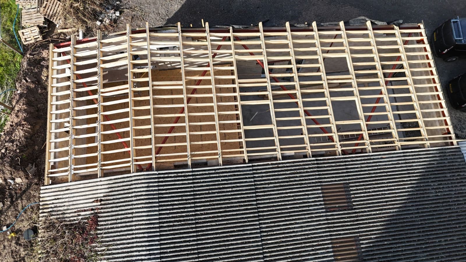 Aerial view of flat roof timber frame build